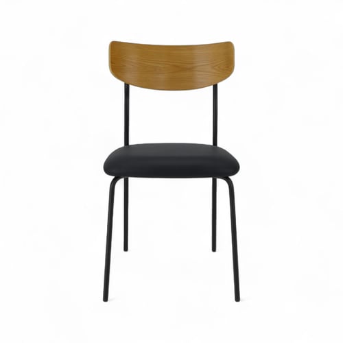 كرسي بلمسة خشبية جلسة جلد وقاعدة حديد