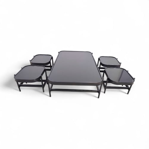 طقم طاولات خدمة 5 قطع بسطح زجاج على قاعدة حديد أسو...