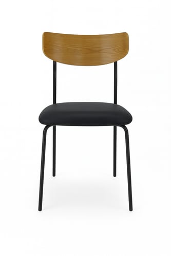 كرسي بلمسة خشبية جلسة جلد وقاعدة حديد