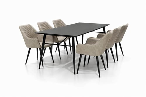 طقم طاولة طعام ستة اشخاص سطح خشب وكراسي جلد فاخر