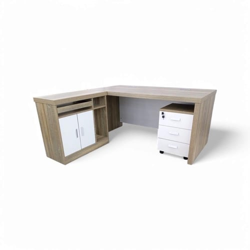 طاولة مكتب شكل مميز وملحق خشب MDFو كمدينة لون كمون...