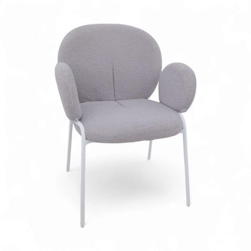 كرسي رمادي راقٍ – قماش فاخر وقاعدة حديد بيضاء