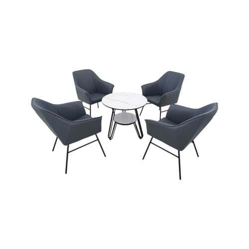 طقم جلسة كوفي 1+4 فاخر بلون أزرق جلد مع قاعدة حديد