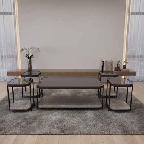 طقم طاولات خدمة دورين من 5 قطع، بسطح زجاج شفاف