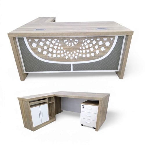 طاولة مكتب شكل مميز وملحق خشب MDFو كمدينة لون كمون...