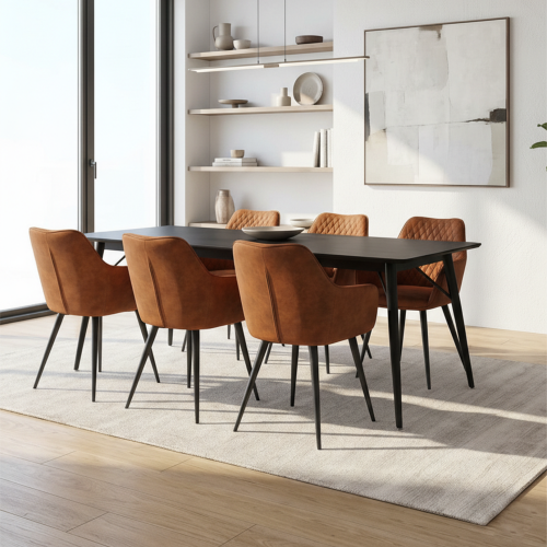 طقم طاولة طعام ستة اشخاص سطح خشب وكراسي جلد فاخر