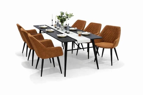 طقم طاولة طعام ستة اشخاص سطح خشب وكراسي جلد فاخر