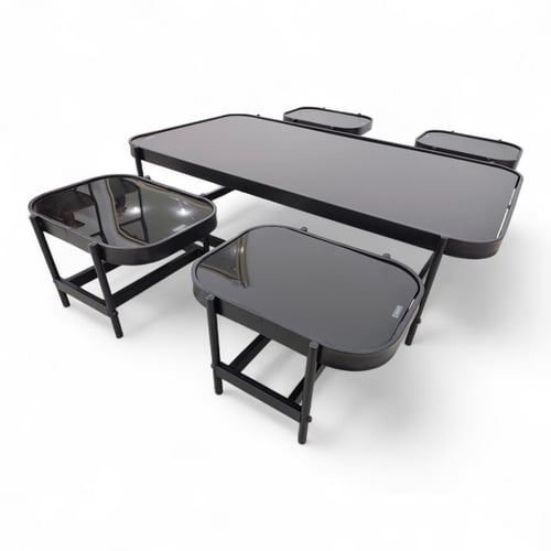 طقم طاولات خدمة 5 قطع بسطح زجاج على قاعدة حديد أسو...