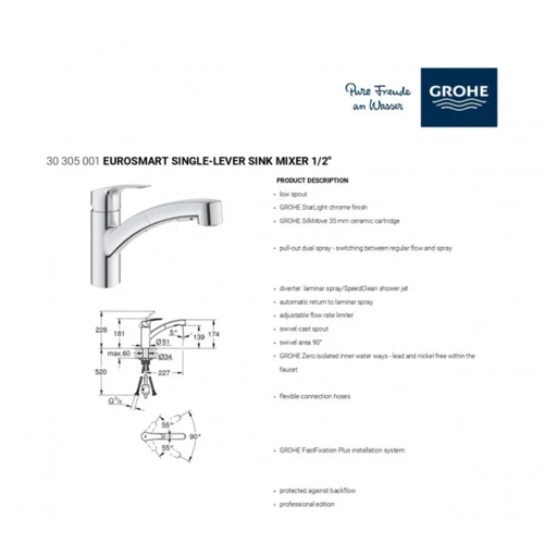خلاط مجلى جروهي يورو سمارت لي سحاب كروم بمقبض واحد...