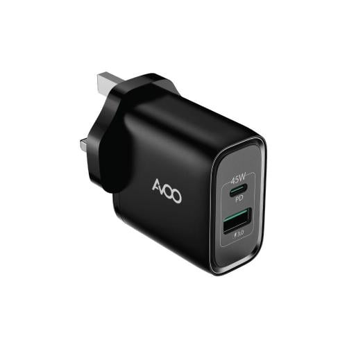 شاحن AVOO جداري سريع 45W بمنفذين USB‑C PD + USB‑A