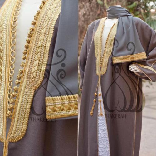 بشت كلاسيك لينن رمادي مبطن بالفرو الأبيض