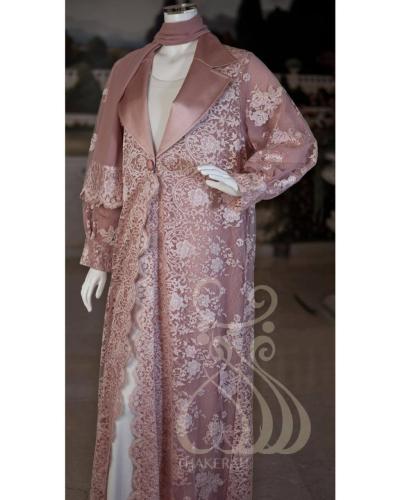 دانتيل لون داستي روز فاخر مبطّن بالشيفون