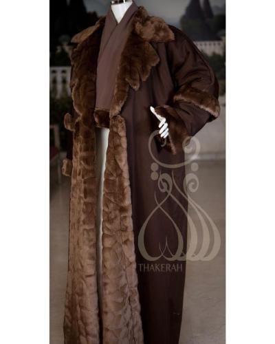 عباءة صوف مبطنة بالفرو - بني