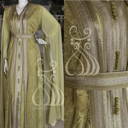 تكشيطة مغربية دانتيل وشيفون - اخضر فاتح