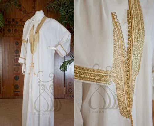 بشت كلاسيك أبيض بتطريز ذهبي + طرحة الخامة لينن قصة...