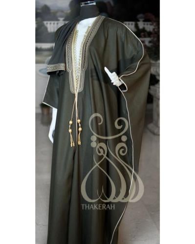 بشت كلاسيك زيتي تطريز درجات الزيتي+ طرحة الخامة لي...