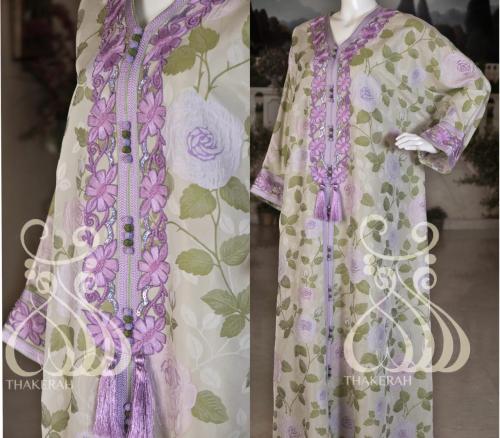 قفطان مغربي واسع - أخضر + موف فاتح