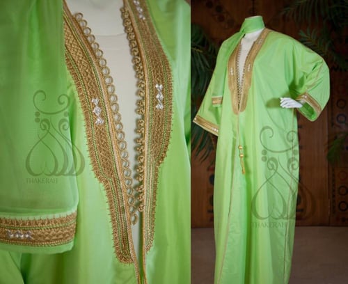 بشت كلاسيك فستقي تطريز بالذهبي + طرحة الخامة تفتا...