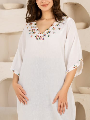 تالة 26جلابية تطريز يدوي أبيض ( قطن 100%)