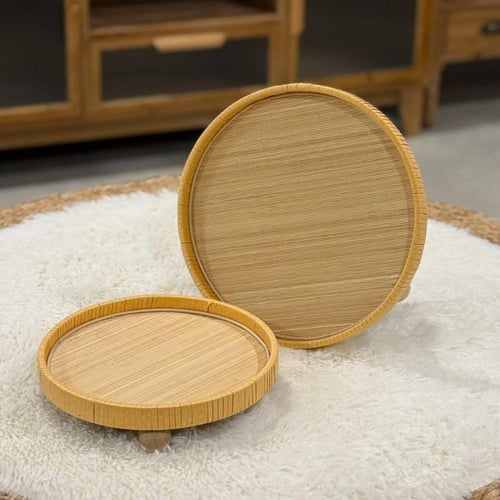 صينية تقديم راتان خشب دائرية