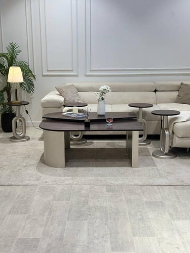 طقم طاولات ضيافة 2+6 – سطح خشب سنديان