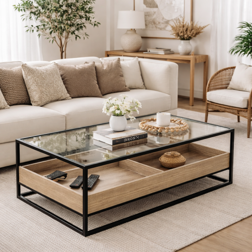 طاولة ضيافة مستطيل دورين خشب مقسم سطح زجاج شفاف