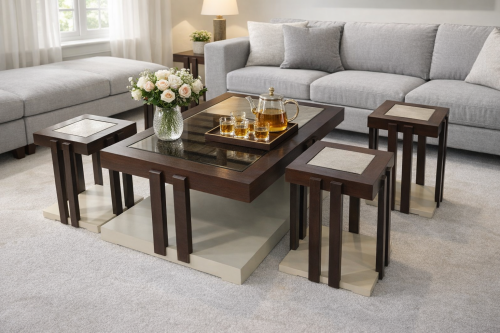 طقم طاولات ضيافة مع 4 خدمة خشب بني مع سطح مراية