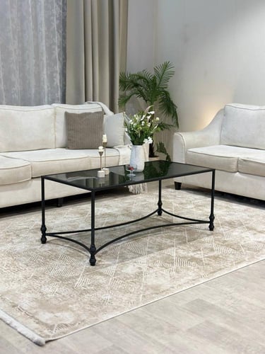 طقم طاولات 1×4 خدمة – سطح زجاج اسود شفاف بتصميم هن...