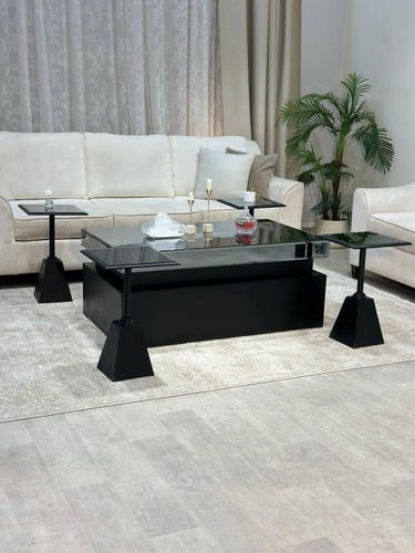 طقم طاولة ضيافة سنديان مع 4 خدمة لون اسود موديل عص...