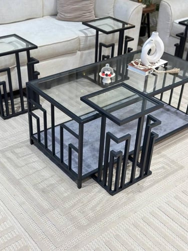 طقم طاولات شاي 7 قطع زجاج لون رمادي