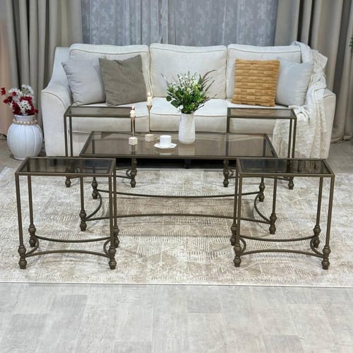 طقم طاولات 1×4 خدمة – سطح زجاج بني شفاف بتصميم هند...