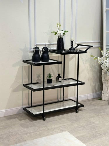 عربة تقديم 4 أدوار بسطح خشب ابيض رخامي أنيق – تصمي...