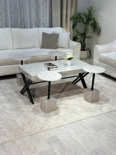 طقم طاولة ضيافة مع 4 طاولات خدمة بديل الرخام