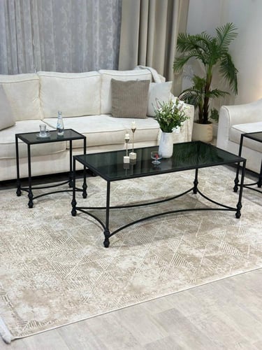 طقم طاولات 1×4 خدمة – سطح زجاج اسود شفاف بتصميم هن...