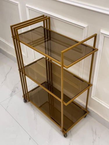 عربية تقديم 3 دور زجاج عسلي حديد ذهبي