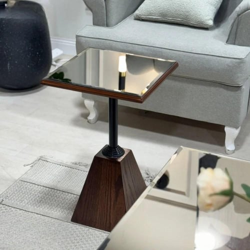 طاولة خدمة خشب سنديان بني عمود أسود سطح زجاج مراية