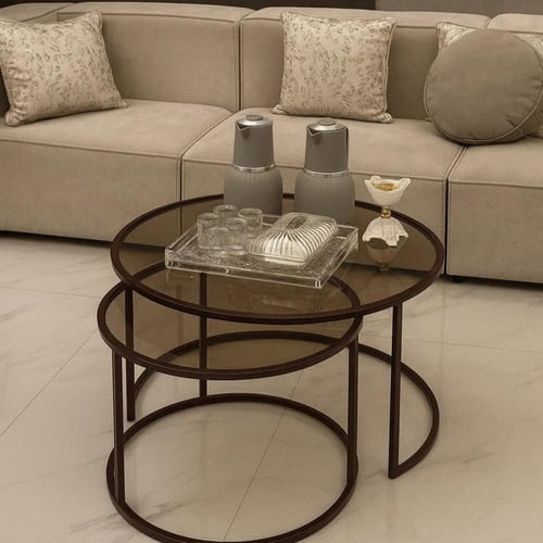 طقم طاولتين شمباني بسطح زجاج بني شفاف أنيق