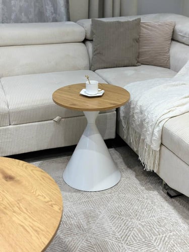 طقم طاولات خشب لون بيج قاعدة حديد ابيض مع 2 خدمة