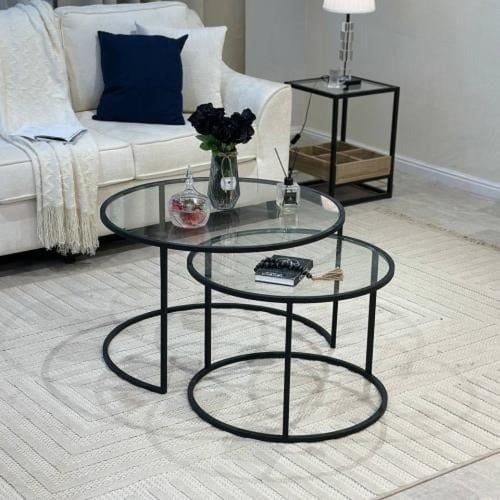 طقم طاولتين شمباني بسطح زجاج بني شفاف أنيق