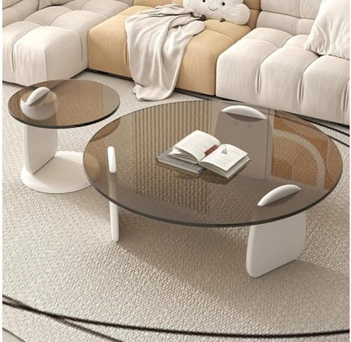 طقم طاولات ضيافة بتصميم أنيق - سطح زجاج دائري بني...