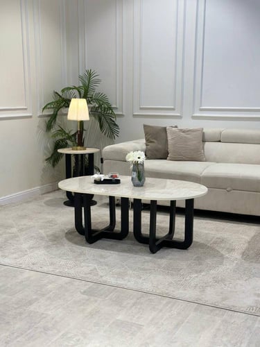 طقم طاولة اسود ضيافة بيضاوية مع 2طاولات خدمة *عروض