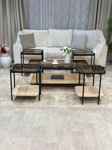 طقم طاولات 4+1 دورين سطح زجاج بني شفاف