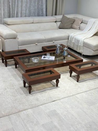 طقم طاولات ضيافة ارضي خشب بني زجاج بني