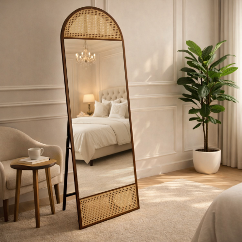 مرايا اطار الون اسود خشبي مع رتان مقاس 180*60 سم