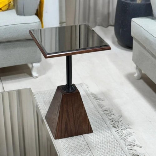 طاولة خدمة خشب سنديان بني عمود أسود سطح زجاج مراية