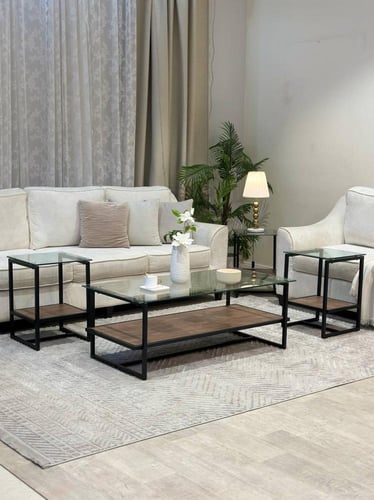 طقم طاولات ضيافة مع 4 خدمة سطح زجاج لون بني