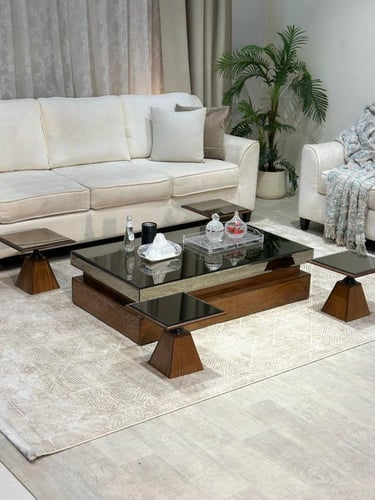 طقم طاولات سطح مراية ارضي مع 4 خدمة لون بني