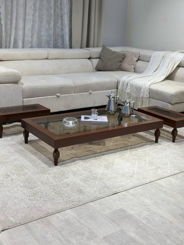 طقم طاولات ضيافة ارضي خشب بني زجاج بني