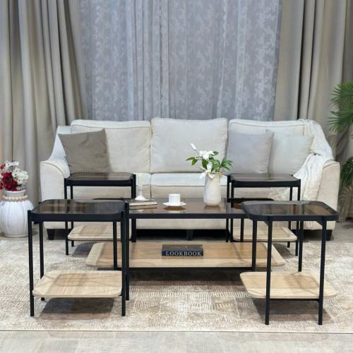 طقم طاولات 4+1 دورين سطح زجاج بني شفاف