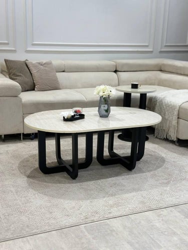 طقم طاولة اسود ضيافة بيضاوية مع 2طاولات خدمة *عروض